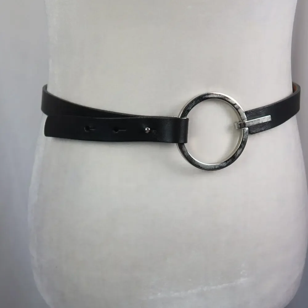 Vintage Talbots Black Leather Skinny Waist Belt Silver Circle Buckle